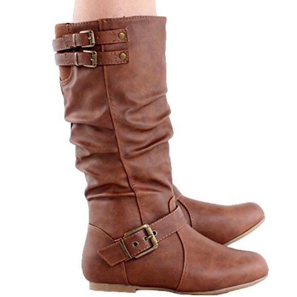 Top Moda Tan Slouch Mid-Calf Boots – Round Toe Buckle Detail Flat Heel Casual - Picture 2 of 5